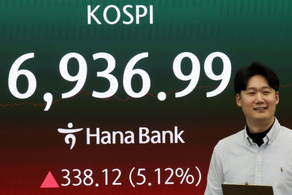Seoul shares spike over 5 pct to approach 7,000 on chip rally; won sharply up